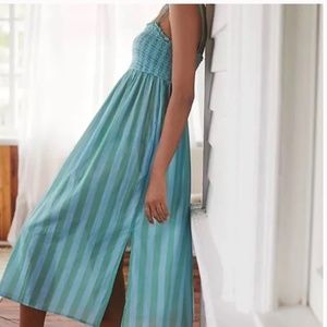Anthropologie Smocked midi dress Size L Striped green and blue
